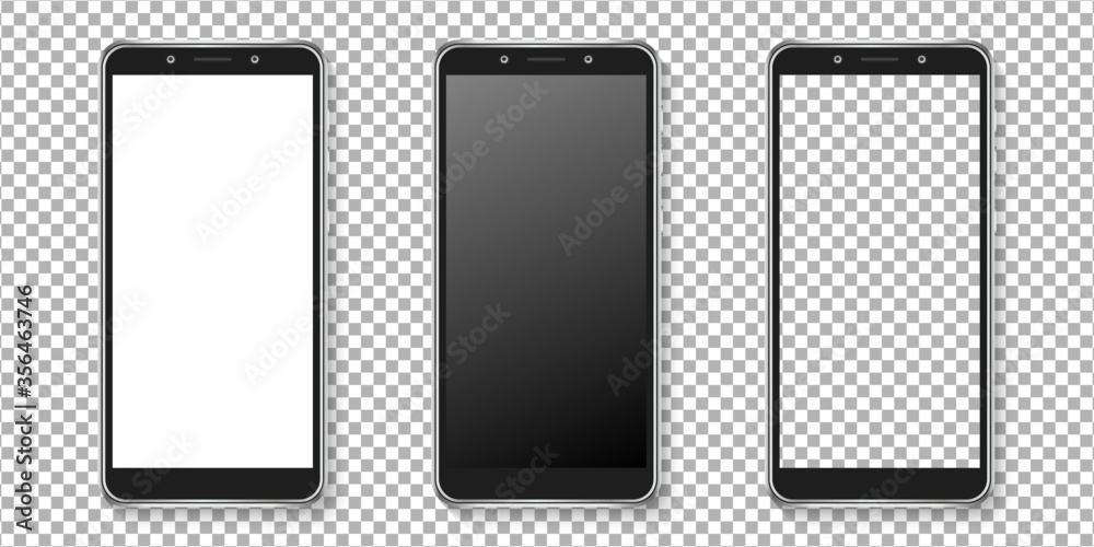 Realistic smartphone display mockup set. Smartphone mockup isolated on transparent background. Realistic vector illustration. - obrazy, fototapety, plakaty 
