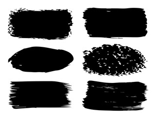 Collection or set of artistic black paint, ink or acrylic hand made creative brush stroke backgrounds isolated on white as grunge or grungy art, education abstract elements frame design