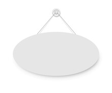 Realistic Empty Blank Signboard White Oval Hanged On Suction Cup. Round Shape Sign Frame Template Hanging On Wall. Price Tag Mockup. Advertisement, Promotion Isolated On White Background.