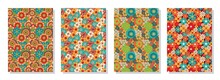 Vintage Floral Patterns Set. Psychedelic Or Hippie Style Backgrounds. Abstract Flowers And Groovy Colors