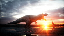 Dinosaur. Prehistoric Period, Rocky Landscape. Wonderfull Sunrise. 3d Rendering.