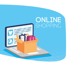 Sticker - shopping online ecommerce with laptop and packings in box