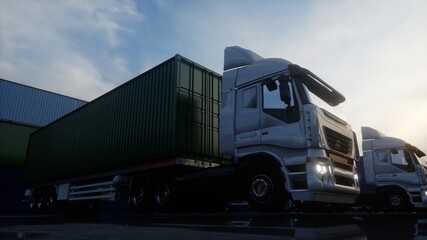 Wall Mural - Truck in container depot, wharehouse, seaport. Cargo containers. Logistic and business concept. 3d rendering.