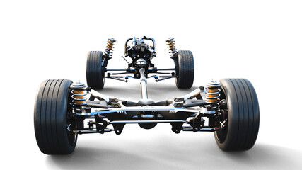 Car chassis with engine on white isolate. 3d rendering.