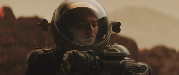 Wall Mural - caucasian female astronaunt checking hud on her suit while exploring planet surface, mars colonizati