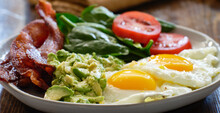 Keto Breakfast Plate With Eggs Bacon And Mashed Avocado