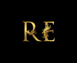Vintage Gold R, E and RE Letter Floral logo. Classy drawn emblem for book design, weeding card, brand name, business card, Restaurant, Boutique, Hotel.