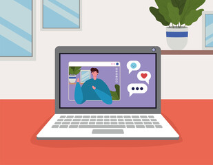 Wall Mural - Man avatar with bubbles on laptop in video chat design, Call online conference and webcam theme Vector illustration