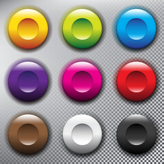 Wall Mural - Collection of 9 web buttons. Round plastic web buttons. Isolated with transparent shadow on light panel. Vector illustration. Eps10.