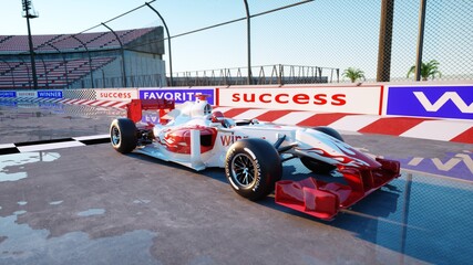 Racer of formula 1 in a racing car. Race and motivation concept. Wonderfull sunset. 3d rendering.