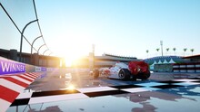 Racer Of Formula 1 In A Racing Car. Race And Motivation Concept. Wonderfull Sunset. 3d Rendering.