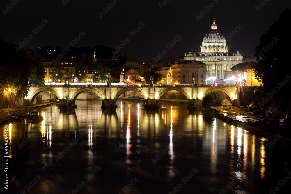 Obraz na płótnie Rzym, nocny widok na Rzekę Tybr i Bazylikę św. Piotra w salonie