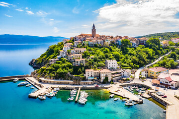 Beautiful town Vrbnik, Krk island, Croatia, aerial view