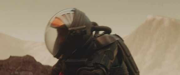 Wall Mural - caucasian male astronaunt in a space suit gathering samples on a planet surface, mars colonization c
