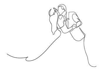 One continuous drawn line wedding drawn from the hand picture silhouette. line art. The characters of the bride and groom of the husband and wife are married. vector illustration. Vector.