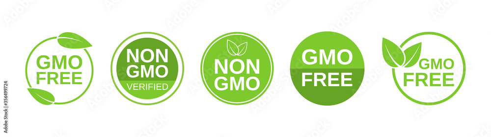 GMO free icons. Non GMO label set. Healthy organic food concept. No GMO design elements for tags, product packag, food symbol, emblems, stickers. Vegan, bio. Vector illustration - obrazy, fototapety, plakaty 