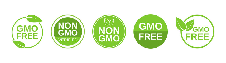 Leinwandbilder - GMO free icons. Non GMO label set. Healthy organic food concept. No GMO design elements for tags, product packag, food symbol, emblems, stickers. Vegan, bio. Vector illustration