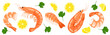 Shrimps, shrimps without shell, shrimp meat. Shrimp prawn icons set. Boiled Shrimp drawing on a white background.