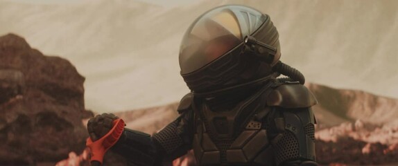 Wall Mural - caucasian male astronaunt having a break while gathering samples on a planet surface, mars colonizat