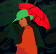 młoda kobieta ma na sobie zielony kapelusz i trzyma czerwona parasolkę
