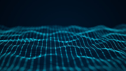 Poster - Digital dynamic wave of particles. Abstract blue futuristic background. Big data visualization. 3D rendering.