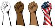 Raised fist set including line art, flesh tones and patriotic versions isolated vector illustration