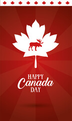 Sticker - canada day celebration card with maple leaf and reindeer silhouette