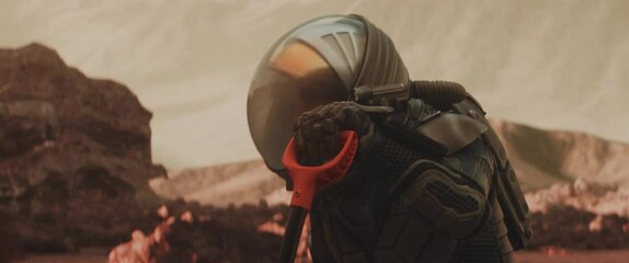 Wall Mural - caucasian male astronaunt having a break while gathering samples on a planet surface, mars colonizat