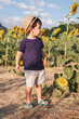 © David Cabrera/ADDICTIVE STOCK - Cheerful little boy in casual clothes and hat standing in green sunflowers field