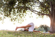 © Jordi Janau/ADDICTIVE STOCK - Side view of distance male in white clothes Yoga position meditating on green lawn against tree in summer evening in park