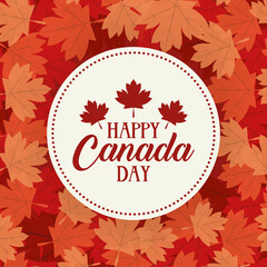 Sticker - canada day celebration card with mapple leafs foliage circular frame