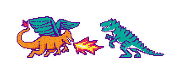 Fototapete - Fire dragon and dinosaur. Fight or Battle in the game concept. Pixel art 8 bit objects. Retro digital game assets. Fashion icon. Vintage Computer video. 