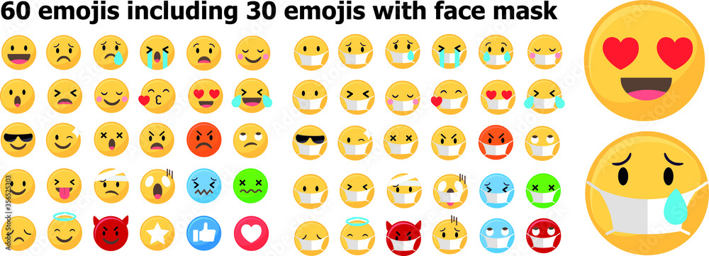Set of 60 emojis including emojis with face mask, Covid 19 emojis with protective mask  - obrazy, fototapety, plakaty 