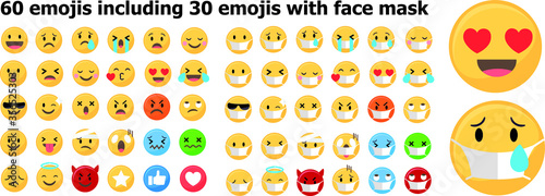 Photographie Set of 60 emojis including emojis with face mask, Covid 19 emojis with protectiv