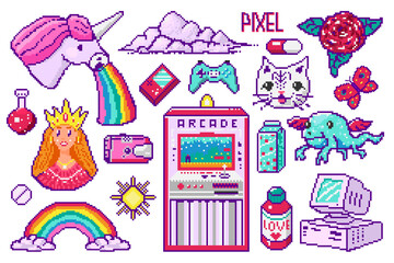 Wall Mural - Pixel art 8 bit objects. Retro digital game assets. Set of Pink fashion icons. Vintage girly stickers. Arcades Computer video. Characters dinosaur pony rainbow unicorn dragon.