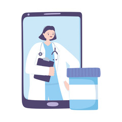 Poster - telemedicine, female doctor smartphone medication bottle, consultation treatment and online healthcare services