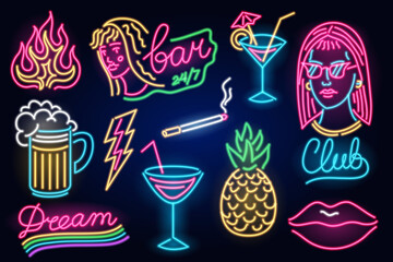 Set of fashion neon sign. Night light signboard, Glowing light banner. Summer emblem. Club Bar logo on dark background. Flames beer cigarette lips cocktail pineapple. Editable Pink Girl in glasses.