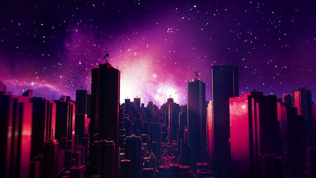 Wall Mural - Retro futuristic city flythrough background. 80s sci-fi synthwave landscape in space with stars. Vaporwave stylized VJ 3D illustration for EDM music video, videogame intro. 4K motion design retrowave