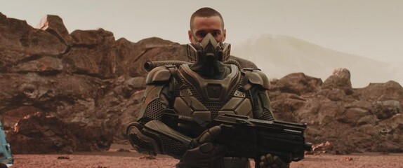 Wall Mural - caucasian male star trooper soldier posing with a gun on a hostile planet, space colonization concep