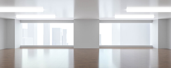 Poster - Big white bright loft room architecture render 3d illustration with shiny wooden floor and white textured walls with skyline cityscape background