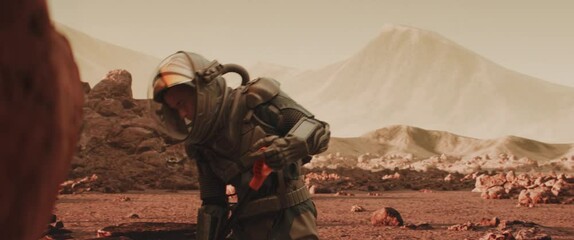Wall Mural - caucasian male astronaunt in a space suit gathering samples on a planet surface, mars colonization c