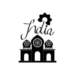 Poster - India Hand lettering design with decorative flower and taj mahal icon, silhouette style