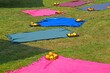 Colorful picnic setup with fruits on the grass field