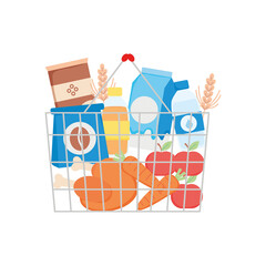 Poster - metal shopping bag with grocery products and vegetables, detailed style