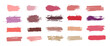 Brushstroke swatch. Makeup paint strokes with fashion 2020 colors, collection patches and smudge effect. Swatches makeup set different tones of trend cosmetics. Vector set for presentation