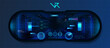 Volumetric space of virtual reality with Head-up display design in HUD style. Futuristic GUI, UI, UX, interface and VR space. 3D view of a virtual reality(VR) helmet. Hi-tech Cockpit dashboard. Vector