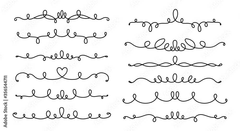 Divider and curl line calligraphic set. Vintage borders, swirl vignettes decorative elements, ornaments. Elegant outline graphics elements black and white drawing whorls. Isolated vector illustration - obrazy, fototapety, plakaty 
