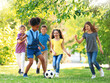 © New Africa - School holidays. Group of happy children playing football outdoors