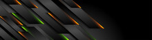 Futuristic Black Technology Background With Orange Green Neon Lines. Glowing Vector Banner Design