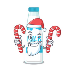 Poster - Friendly bottle of milk dressed in Santa Cartoon character with Christmas candies